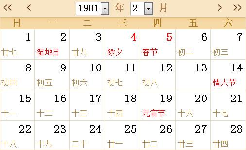 1981年农历阳历表日历表
